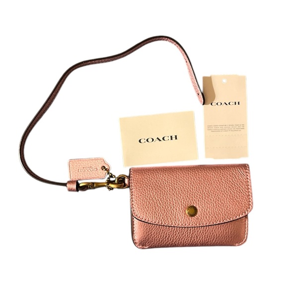 NWT Authentic COACH Metallic pink card pouch with detachable strap - Picture 2 of 6